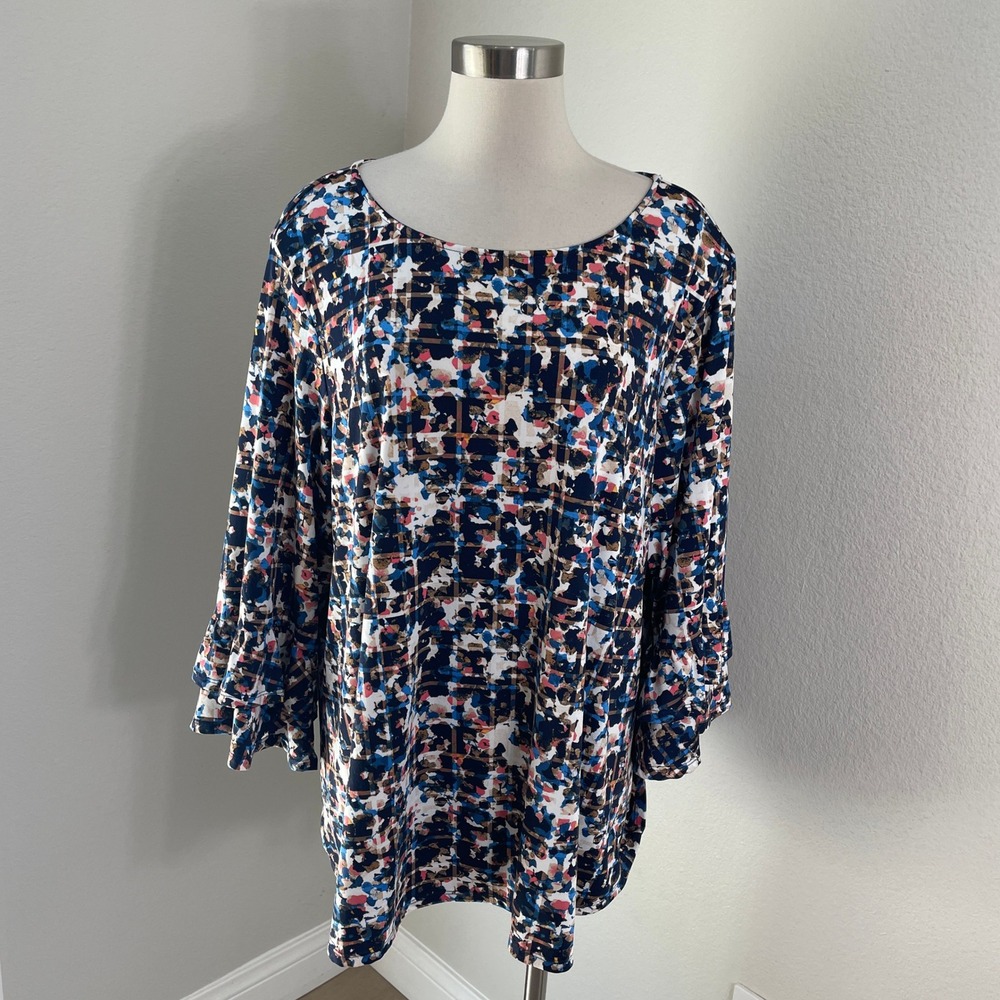 Zac & Rachel Woman Plus 2X Floral‎ Paisley V Neck 3/4 Sleeve Blouse Tunic Top